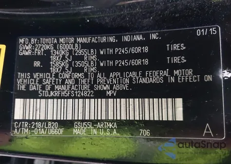 2015 Toyota Highlander Xle V6 from USA, damaged, VIN 5TDJKRFH5FS124822